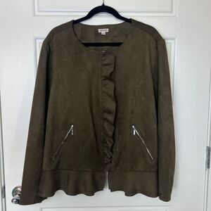 WestPort Women’s Olive Green Ruffle Front Faux Suede Jacket Size 3XL